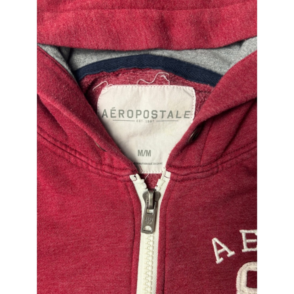 Aeropostale Mens Full Zip Hoodie Burgundy Red Aero 87 Varsity Striped Sweatshirt - Picture 3 of 5